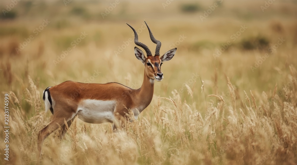 Fototapeta premium Majestic Male Impala Antelope Standing in Tall Golden Grass of the African Savanna Wilderness