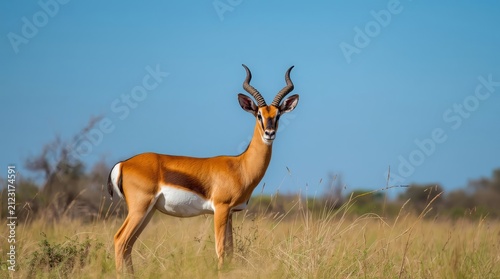 Magnificent Male Impala Antelope Standing Alert in the African Savanna Grassland Under Blue Sky