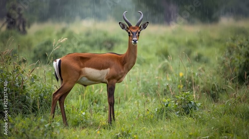 Majestic Male Impala Standing in Green Savanna Meadow During Gentle Rain, African Wildlife Safari