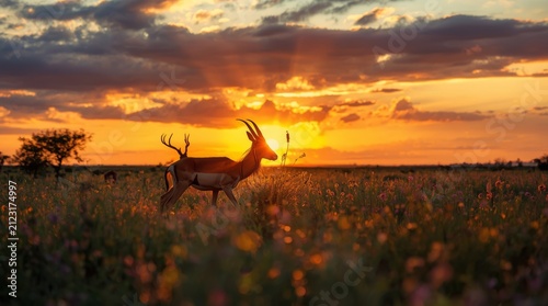 Majestic Antelope Silhouette Grazing in a Wild Flower Meadow at Sunset with Dramatic Golden Sky