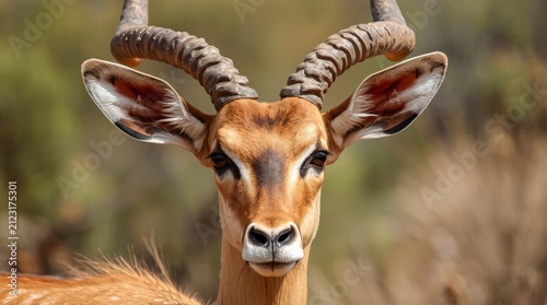 Close-up Portrait of a Male Impala Antelope with Majestic Spiral Horns in the African Savanna