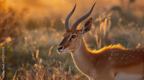 Majestic Impala Antelope Standing in the Golden Savannah Grassland During Sunset, Africa Wildlife