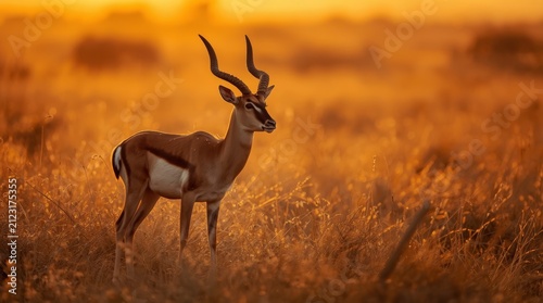 Majestic Impala Antelope Standing in Golden Grass of African Savanna During Vibrant Sunset Light
