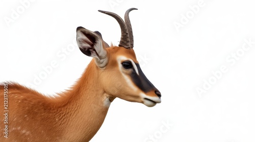 Side view portrait of a wild antelope with curved horns isolated on white background with copy space