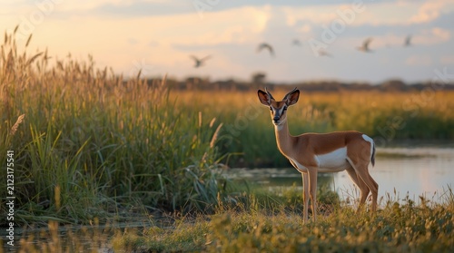 Graceful Gazelle Standing by a Riverbank in African Savanna During Golden Hour Sunset with Birds