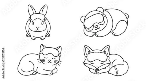 Sleeping animals wearing eye masks line art set.