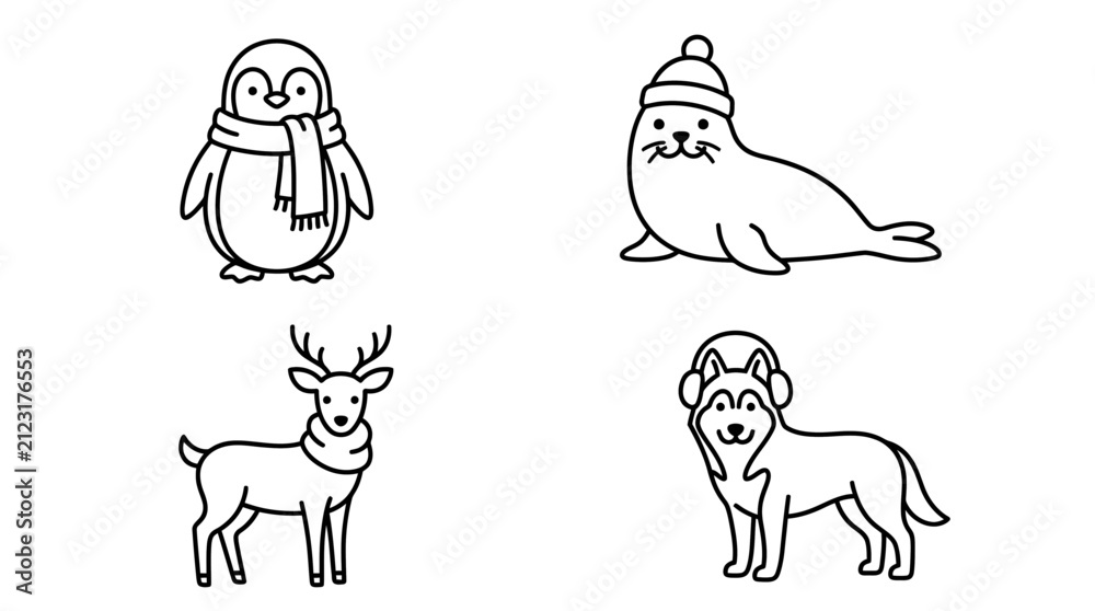 Obraz premium Winter animals with scarves and hats line art