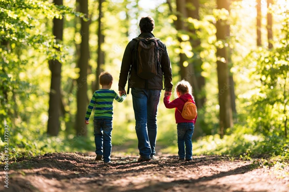 Obraz premium Father walking with his children son and daughter hiking in the lush green forest