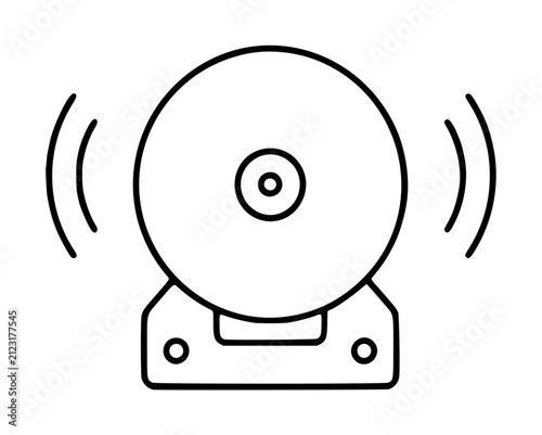 Hand-traced vector icon of a classic round security buzzer or alarm bell mounted on a base, emitting curved sound waves on both sides, rendered in minimalist black line art style