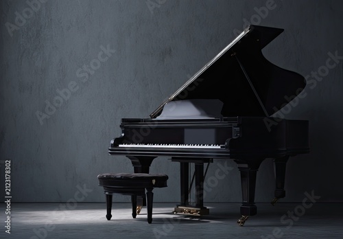 Elegant black grand piano with open lid, stool set against a textured dark gray wall