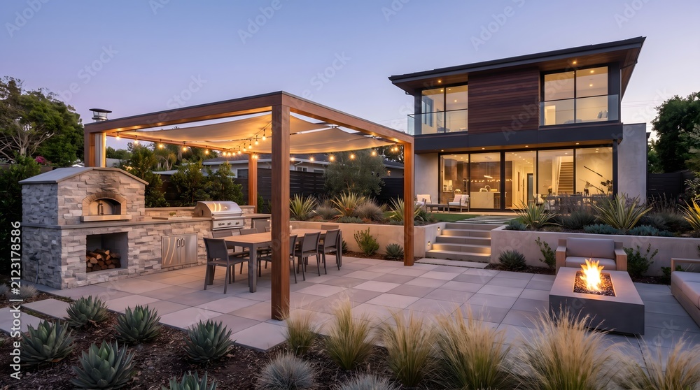 Fototapeta premium Patio kitchen features a stone pizza oven and dining area under a wooden pergola at dusk.