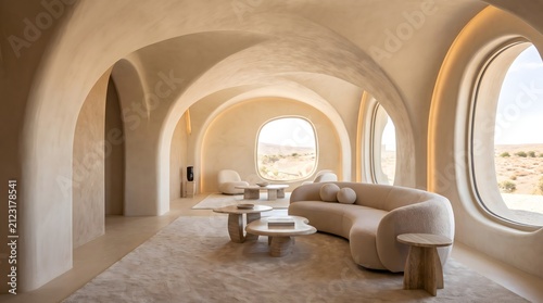 Living room displays curved furniture and arched walls in a minimalist desert aesthetic.