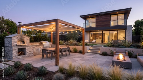 Patio kitchen features a stone pizza oven and dining area under a wooden pergola at dusk.