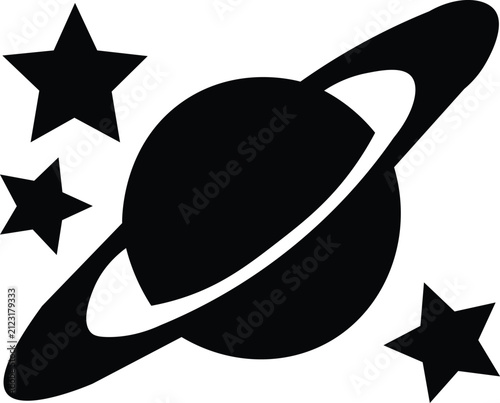Saturn Planet Vector  Ringed Planet Silhouette  Space Astronomy Icon with Stars Black Illustration