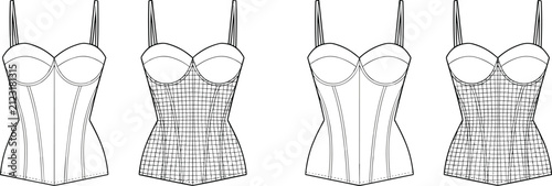 Fotografía Set of four stylish corset tops featuring different grid patterns and classic sp