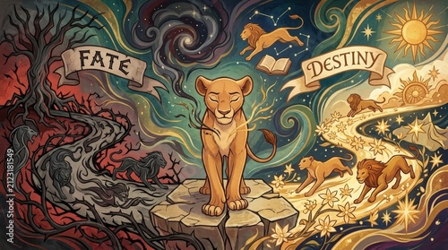 A symbolic illustration of a lion cub at a crossroads between dark fate and bright destiny, with contrasting paths and cosmic elements.