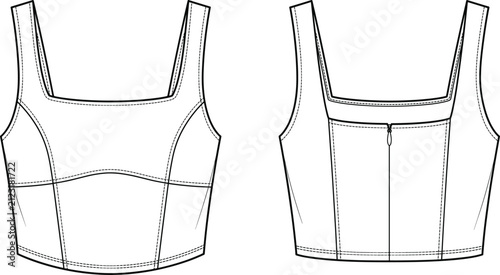 Bild auf Leinwand Technical drawing of a sleeveless cropped top with a square neckline and center