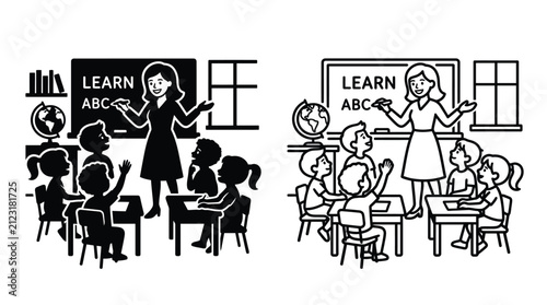 Classroom Scene With Teacher And Students Black Silhouette On Transparent Background