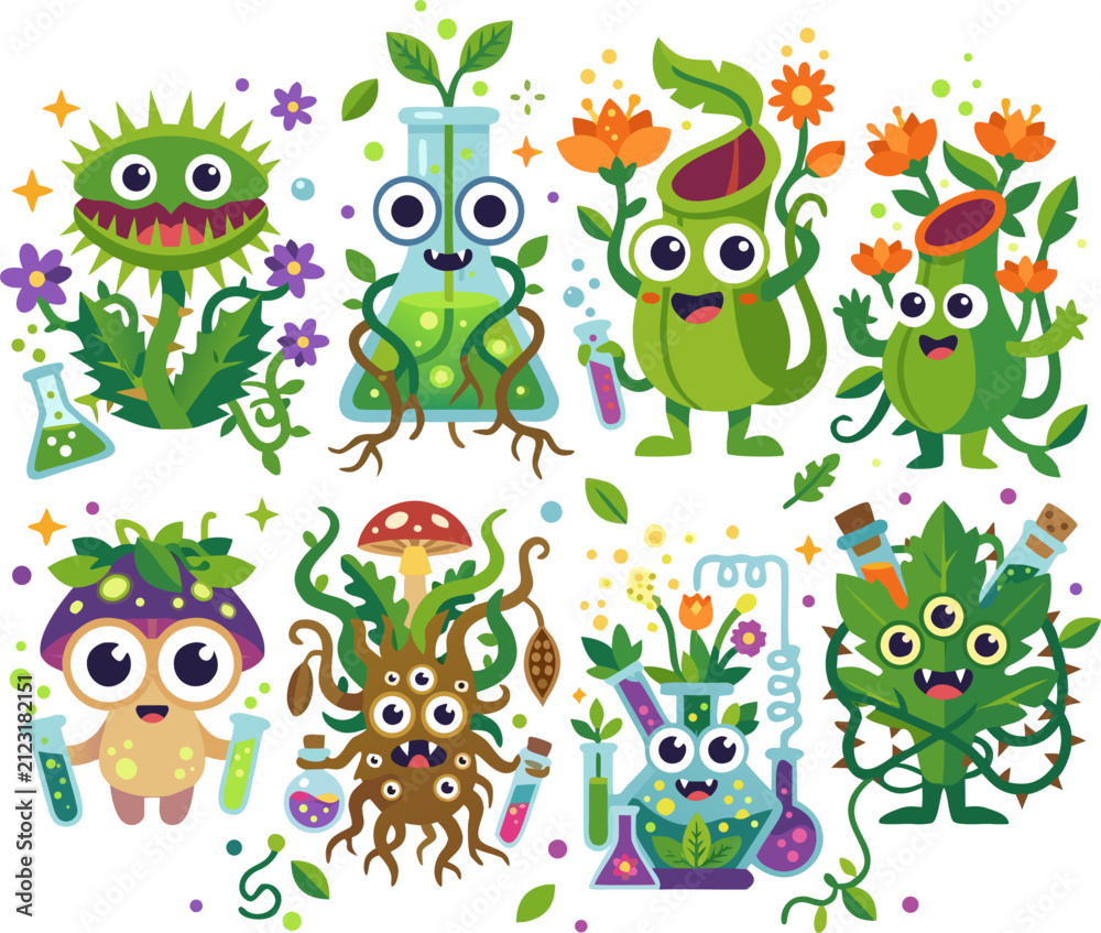 Fototapeta premium Cute plant monster and laboratory science experiment set featuring Venus flytrap, pitcher plant, magic mushroom, root creature, and potion flasks isolated on white background