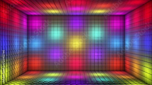 Broadcast Pulsating Switching Hi-Tech Blinking Illuminated Cubes Room Stage, Multi Color, Events, 3D, Loopable, 4K
