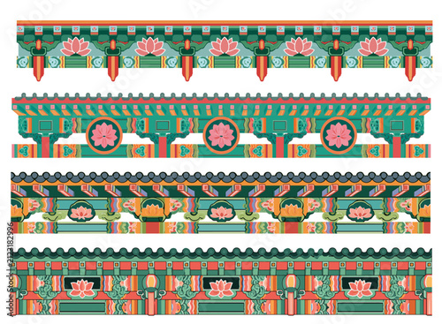 Traditional Korean architecture Dancheong eave and lotus pattern decorative borders set