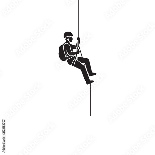 Foto Silhouette of climber rappelling or abseiling down rope vector illustration