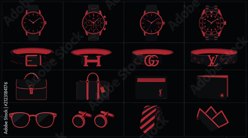 Collection of luxury fashion accessories including watches, belts, bags, wallets, glasses,.