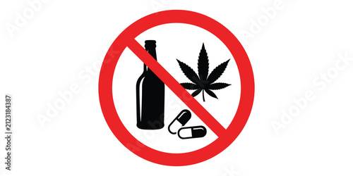 Prohibition sign with alcohol, cannabis leaf, and pills