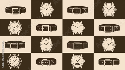 Collection of classic analog wristwatches and leather straps arranged in a checkerboard pattern.