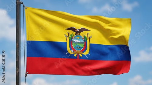 The national flag of ecuador with yellow blue and red horizontal stripes and the central coat of arms waving on a metal flagpole against a bright blue sky with soft white clouds