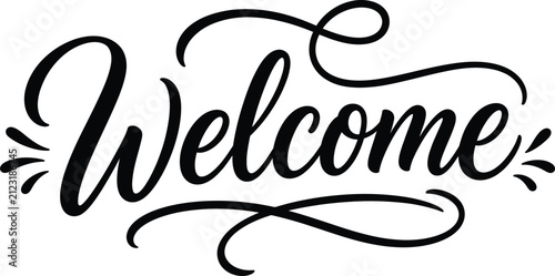 Elegant black welcome text vector illustration with decorative floral flourishes