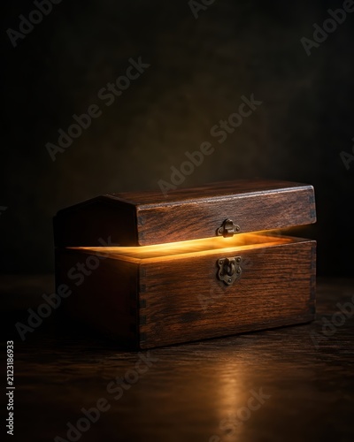 Wooden Box with Glowing Light Symbolizing Longevity and Mystery