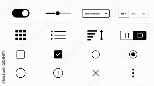 Collection of modern minimalist UI elements and icons for digital interfaces.