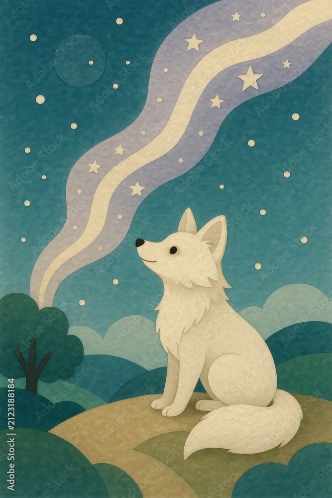 Fototapeta premium Whimsical fox under starry sky.