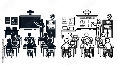 Classroom Scene With Students And Teacher Silhouette On Transparent Background