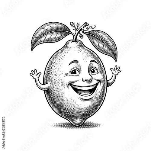 Hand Drawn Cute Smiling Lemon Character Vintage Engraving Vector Illustration Isolated on White