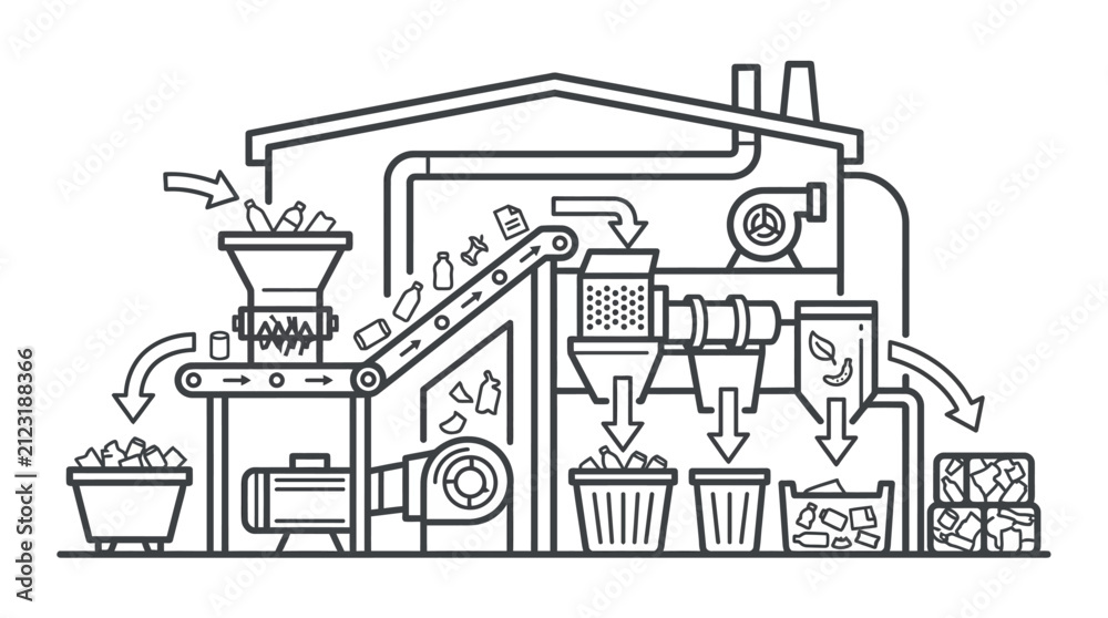 Fototapeta premium Clean Black and White Line Drawing of Recycling and Waste Sorting Facility Process with Conveyor Belts and Separation Bins