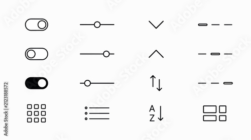 Collection of simple line icons representing user interface elements for digital applications and.