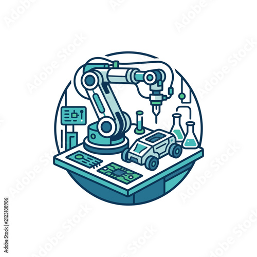 Robot Arm Assembling Car in Laboratory Setting.
