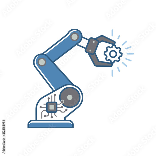Robot Arm Holding Mechanical Gear Icon.