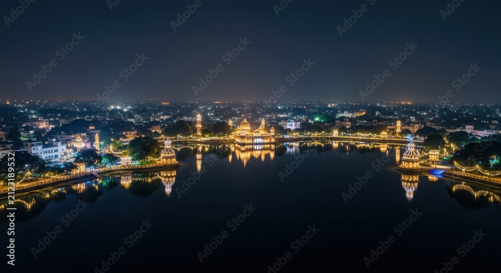Fototapeta premium A peaceful lakeside city glows at night, with illuminated buildings reflecting in the calm water.