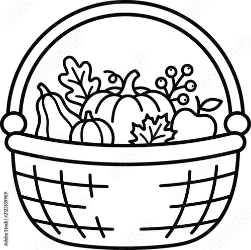 Obraz na płótnie Black and white line art illustration of a harvest basket filled with autumn vegetables and fruits