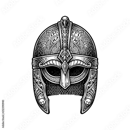 Intricate Viking Warrior Helmet with Raven Crest in Hand Drawn Engraving Vector Style