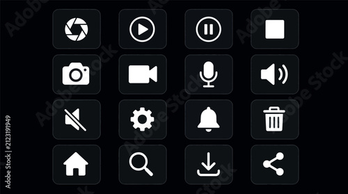 Collection of modern flat icons for media playback and control on a.