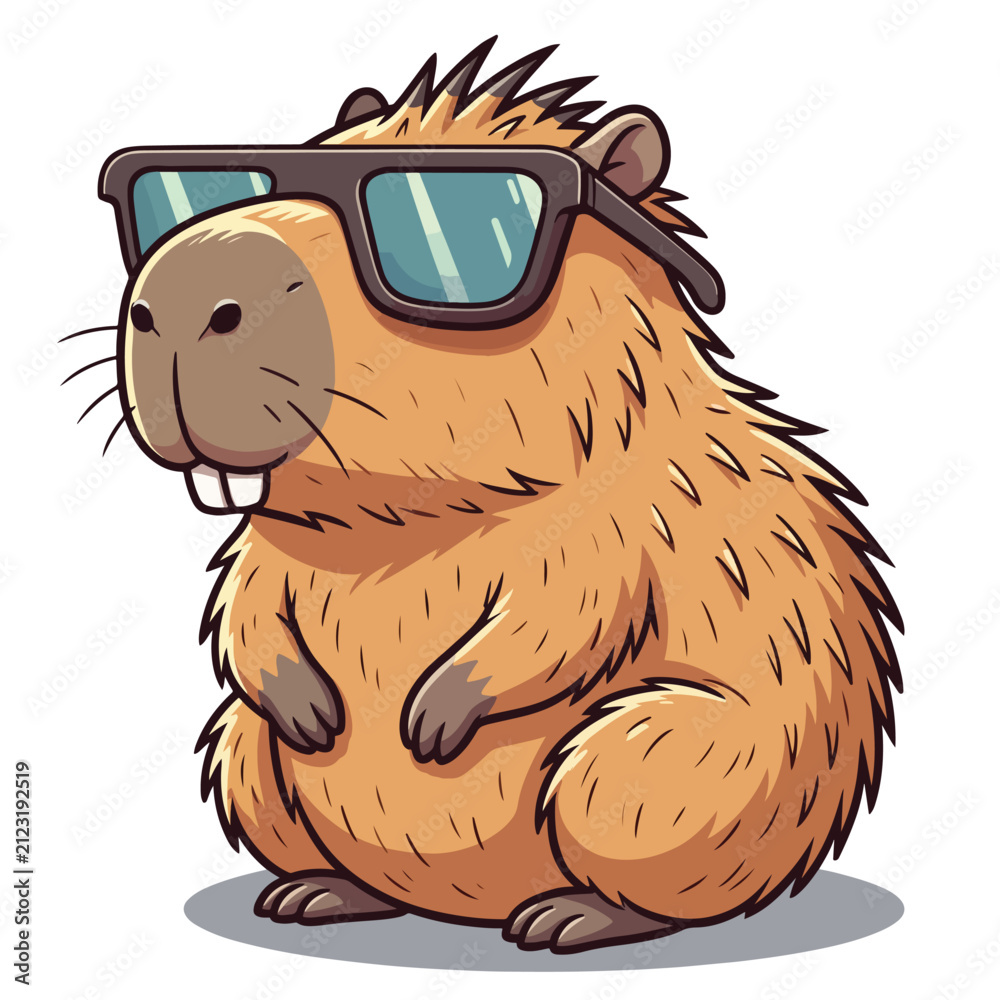 Obraz premium A charming cartoon capybara character sporting trendy sunglasses, isolated on a clean white background.