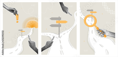 Concept of strategy,decision making,goal setting,and success.Stylish halftone collage.Creative illustration of finding the future pathHand pointing to a roadmap with a signpost for business navigation