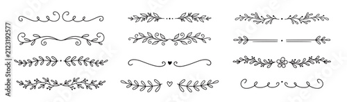 Floral ornament line border set. Hand drawn line doodle style floral divider elements. Flower, vine leaf ornament border frame text vintage flourish decoration. Vector illustration