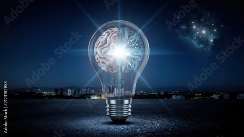 Glowing Lightbulb with Human Brain and Digital Circuitry Against a Night Cityscape, Concept of AI, Intelligence, and Innovation