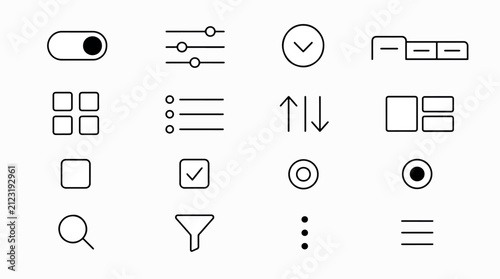 A collection of simple line icons representing various user interface controls and navigation.