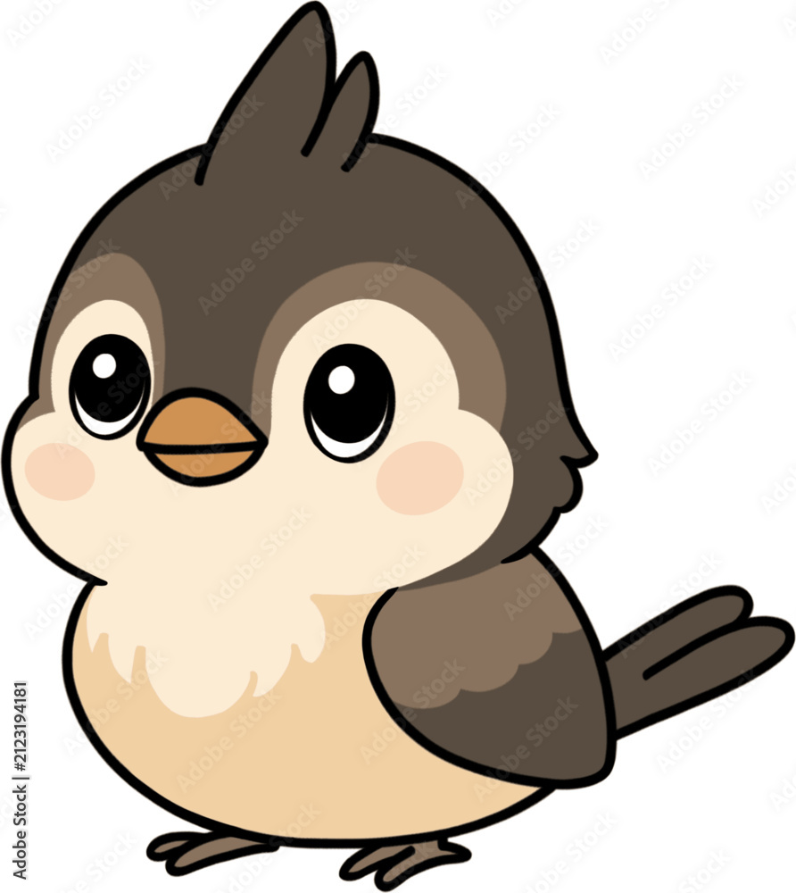 Obraz premium Cute kawaii sparrow bird cartoon character, vector illustration of adorable little brown bird isolated on white background.